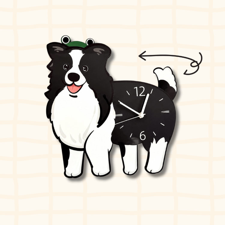Border Collie wagging tail clock guide showing the swinging tail motion with an arrow