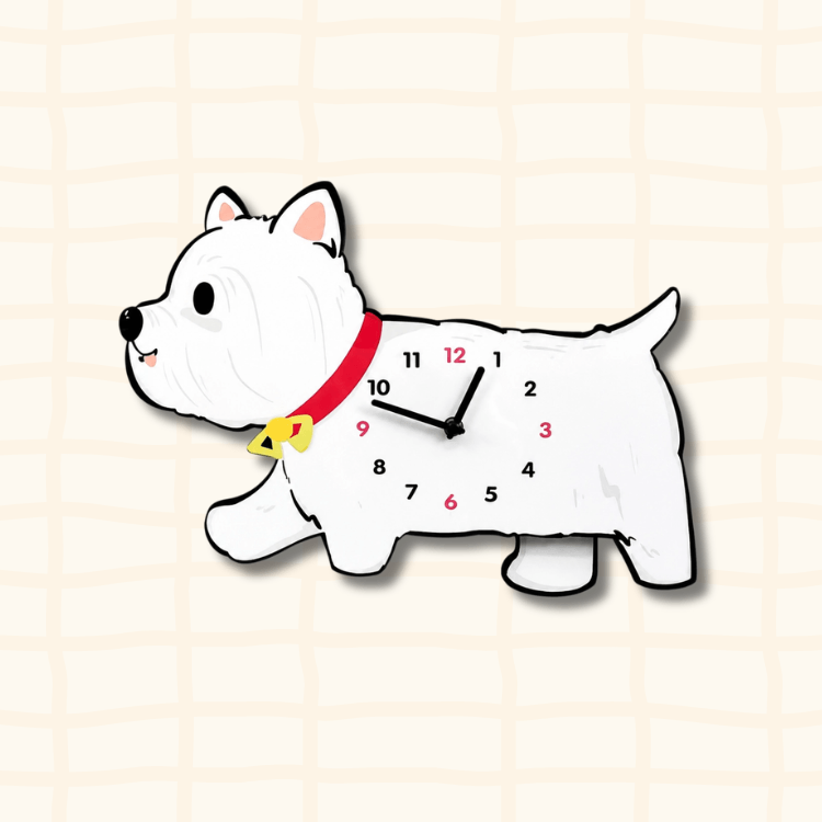 Cute West Highland Terrier dog-shaped wall clock with red collar and yellow bell, cartoon acrylic design