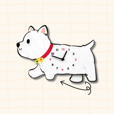 West Highland Terrier red collar wagging tail clock guide showing the moving hind legs motion with curved arrow