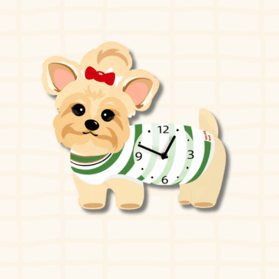 Yorkshire Terrier wagging tail wall clock with red bow - cute dog-shaped novelty timepiece for home decor