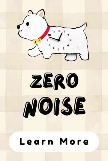 Zero Noise poster featuring a cute white dog with a red collar on a completely silent wagging clock.